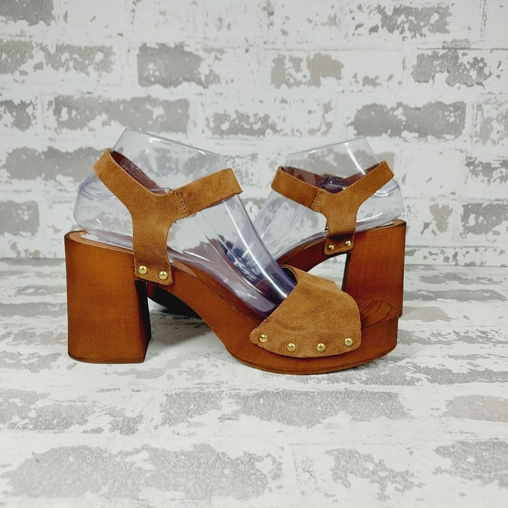 New Steve Madden Alabama Platform Suede Brown Strap Wooden Studded Sandals F659 - Picture 3 of 13